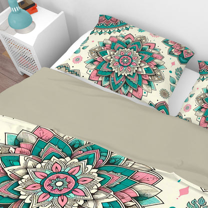 Bohemian Teal Mantra Mandala Reversible Quilt Cover Duvet Cover Set - Adore India   