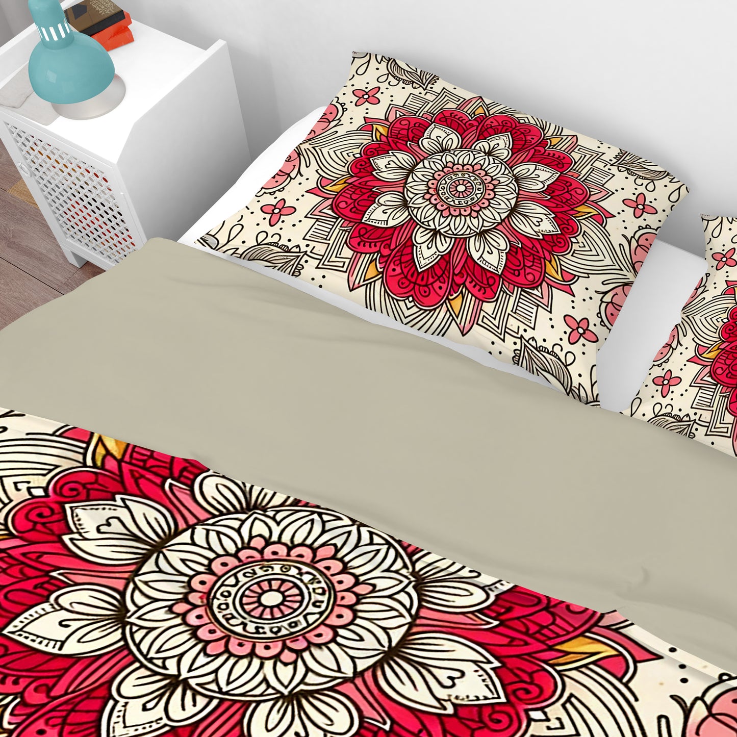 Bohemian Red Blossom Mandala Reversible Quilt Cover Duvet Cover Set - Adore India   