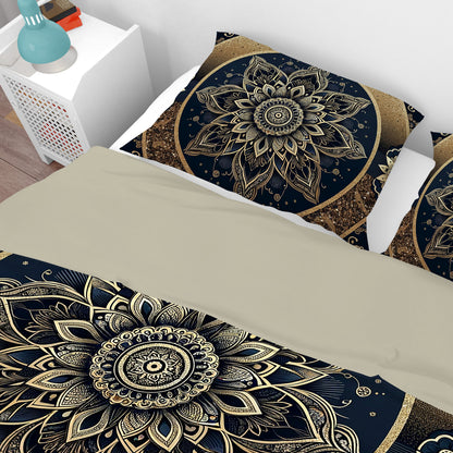 Black Gold Lotus Mandala Reversible Quilt Cover Duvet Cover Set - Adore India   