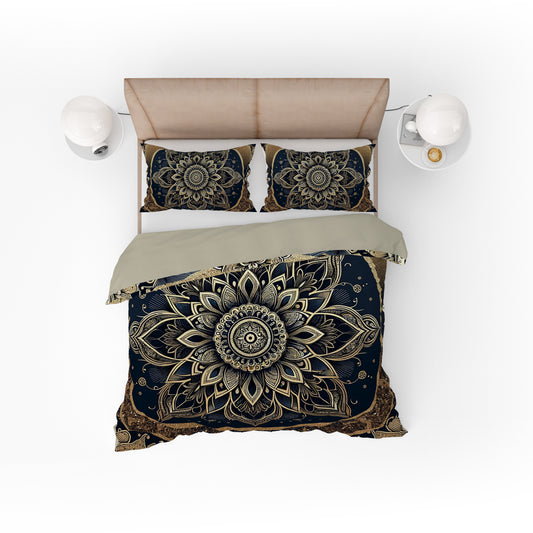 Black Gold Lotus Mandala Reversible Quilt Cover Duvet Cover Set - Adore India   