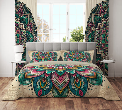 Teal Pink Bohemian Lotus Reversible Quilt Cover Duvet Cover Set - Adore India   