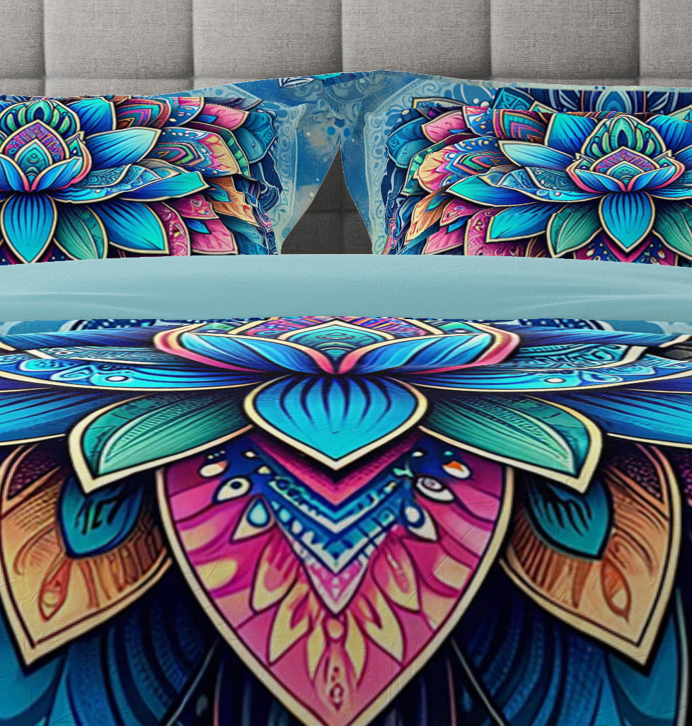 Blue Bohemian Lotus Reversible Quilt Cover Duvet Cover Set - Adore India   