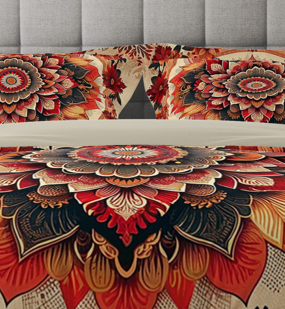 Bohemian Vintage Red Floral Mandala Reversible Quilt Cover Duvet Cover Set - Adore India   