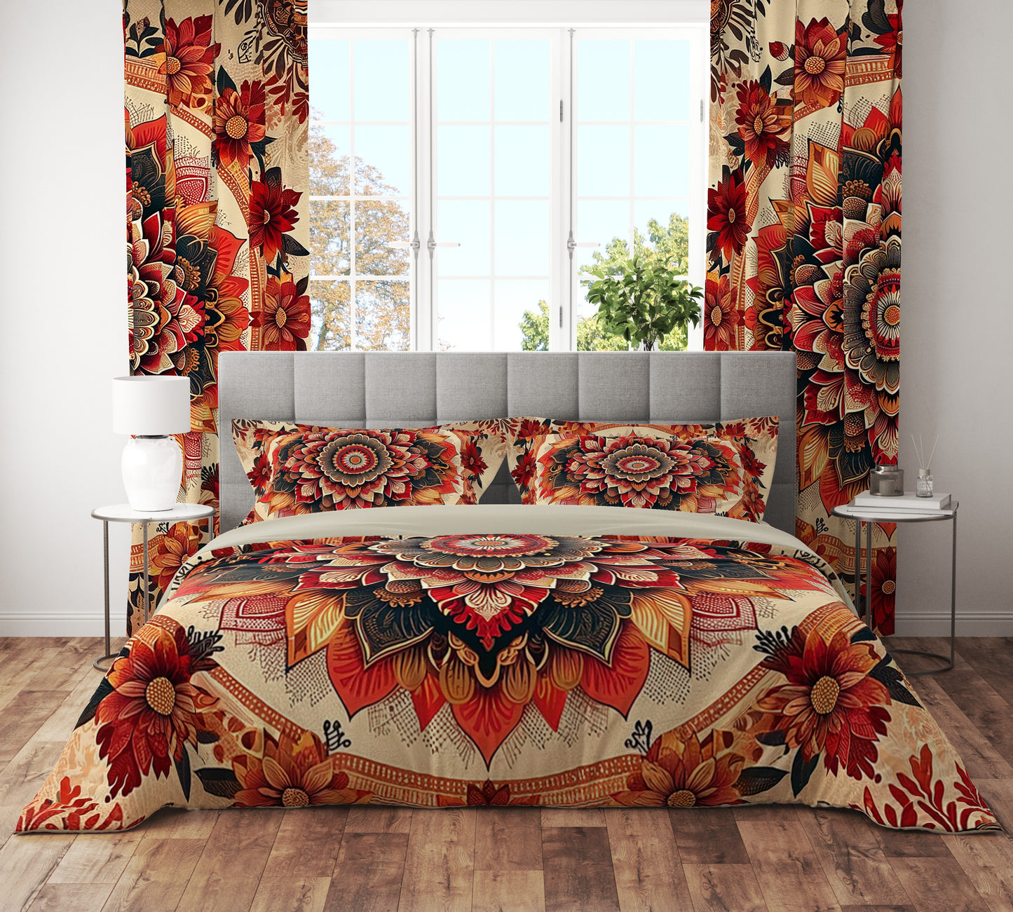 Bohemian Vintage Red Floral Mandala Reversible Quilt Cover Duvet Cover Set - Adore India   