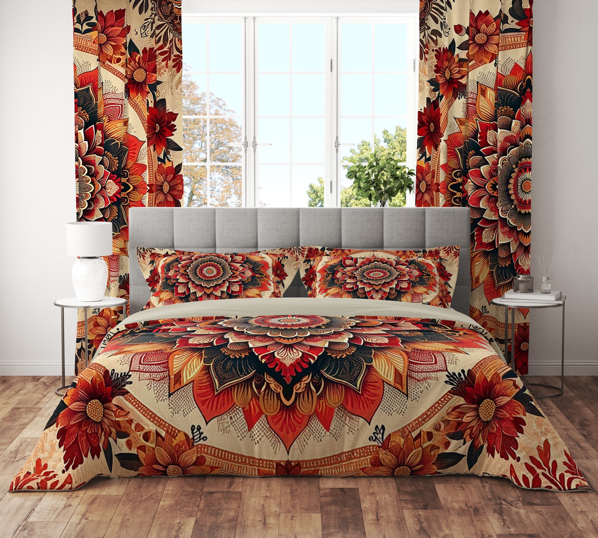 Bohemian Vintage Red Floral Mandala Reversible Quilt Cover Duvet Cover Set - Adore India   