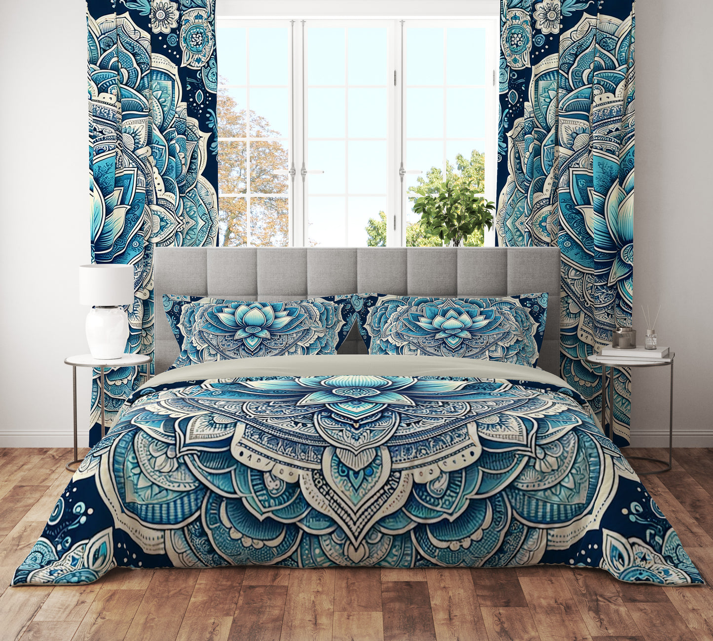 Bohemian Blue White Mandala Reversible Quilt Cover Duvet Cover Set - Adore India   