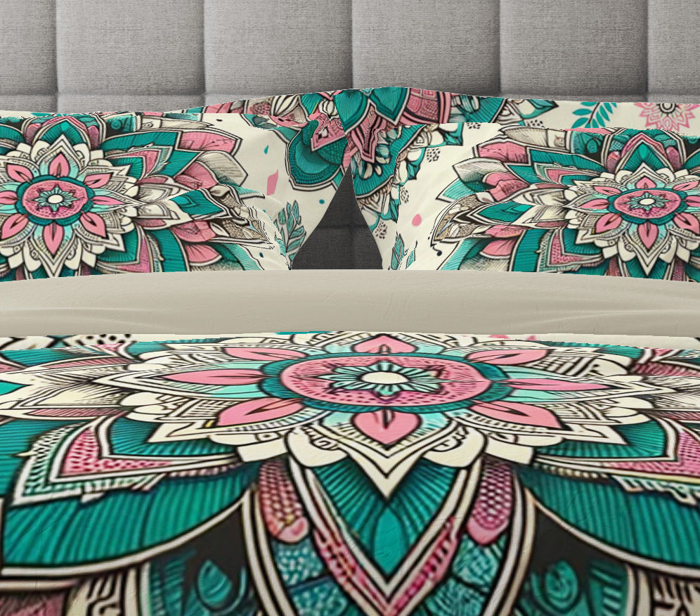 Bohemian Teal Mantra Mandala Reversible Quilt Cover Duvet Cover Set - Adore India   