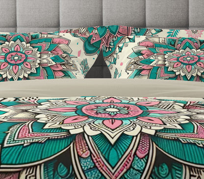 Bohemian Teal Mantra Mandala Reversible Quilt Cover Duvet Cover Set - Adore India   