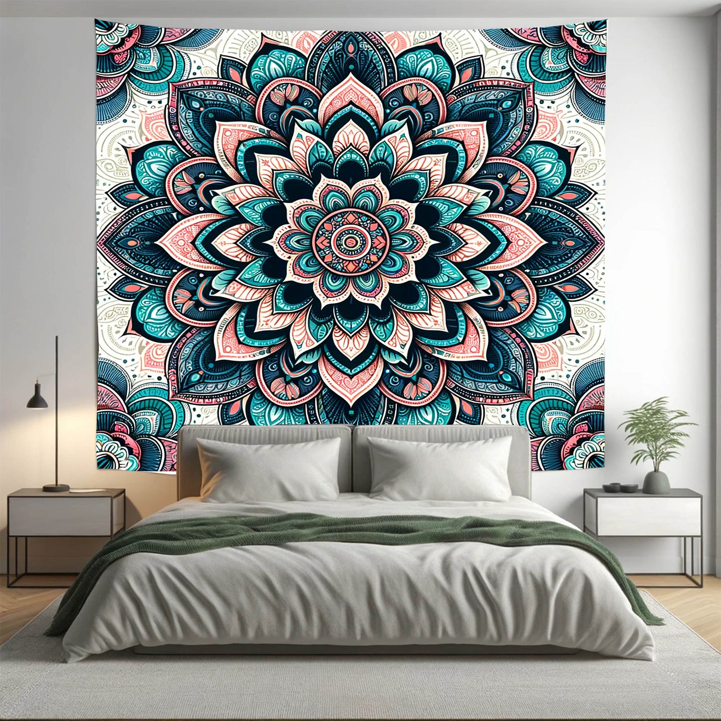 Bohemian Teal Pink Dotted Mandala Tapestry Psychedelic Wall Hanging Boho Decor - Adore India   
