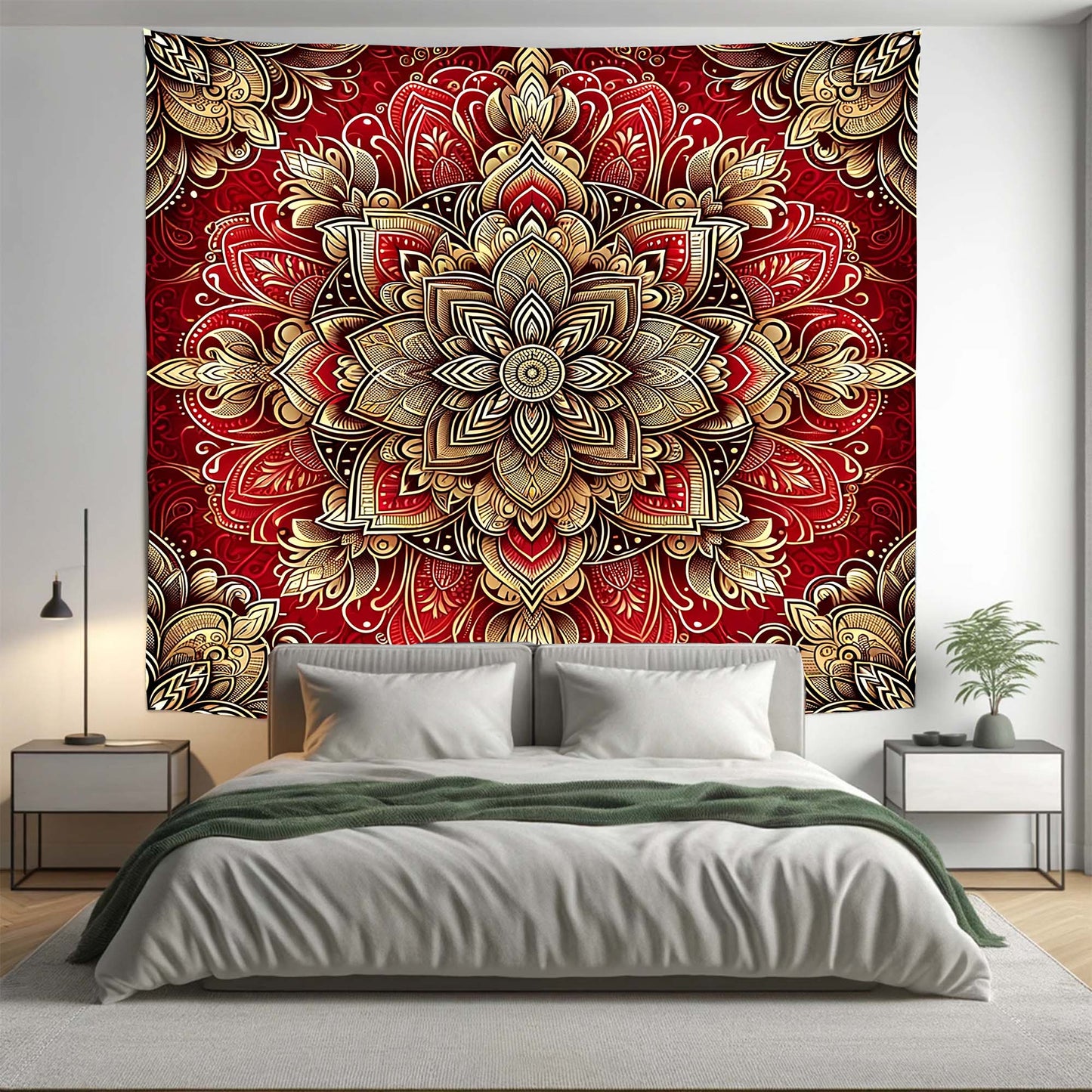 Bohemian Red Gold ABS Floral Mandala Tapestry Psychedelic Wall Hanging Boho Decor - Adore India   