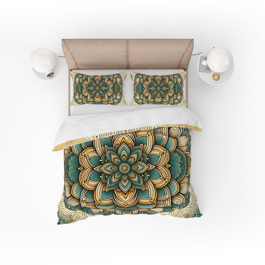 Golden Floral Indian Mandala Reversible Quilt Cover Duvet Cover Set - Adore India   