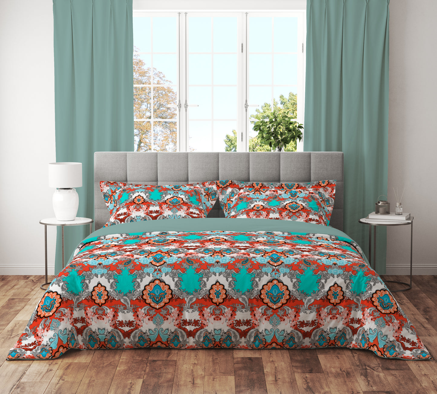 Paisley Elegance Quilt Cover Set - Vibrant Red & Teal Hues for a Stylish Bedroom Retreat King Size - Adore India   