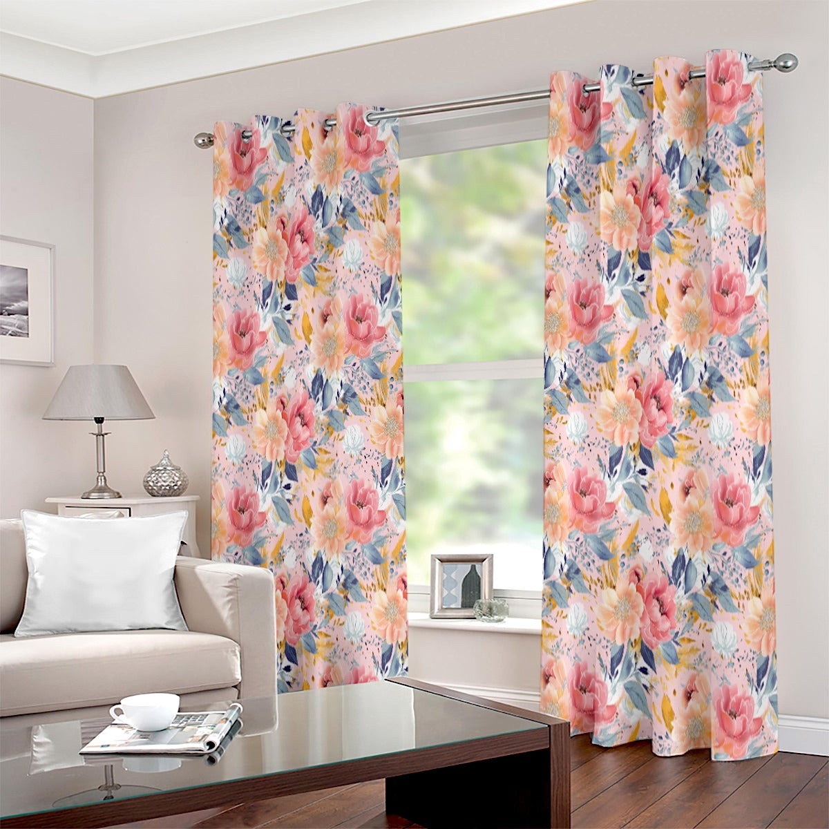 Pink Gold Rose Floral Colourful Printed Curtain Set - Adore India   