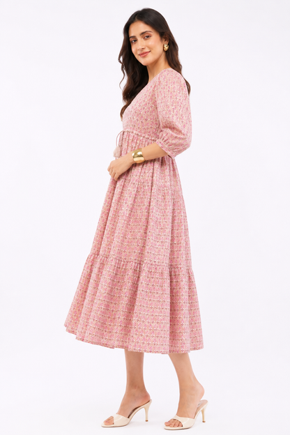 Womens Cotton Pink Floral Printed Tiered V Neck Midi Sumer Boho Dress