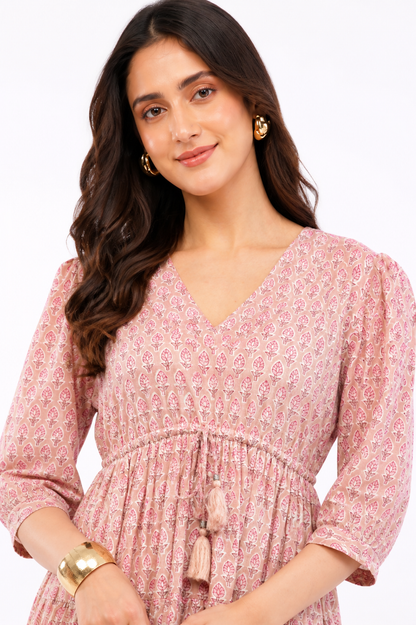 Womens Cotton Pink Floral Printed Tiered V Neck Midi Sumer Boho Dress