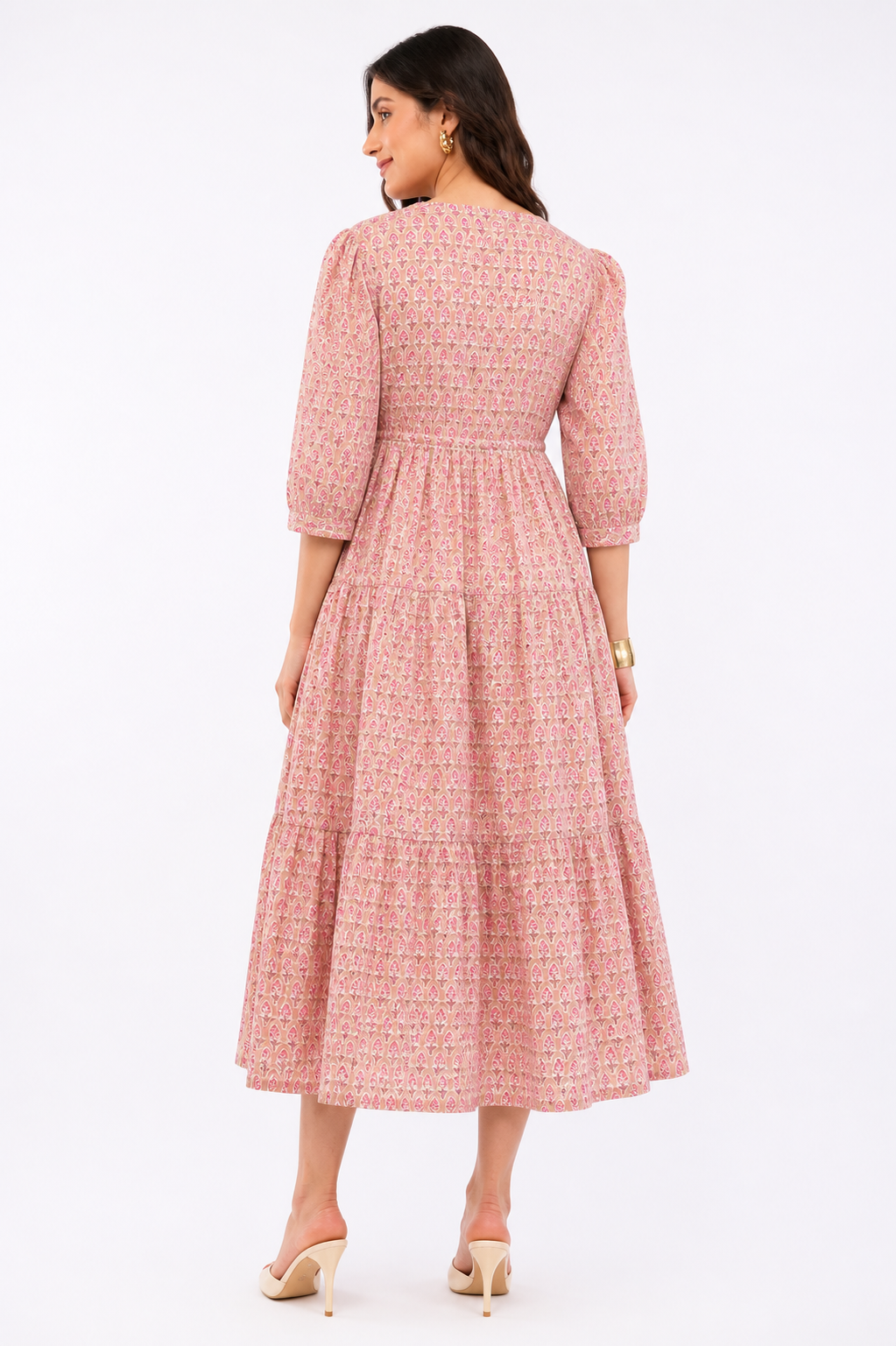 Womens Cotton Pink Floral Printed Tiered V Neck Midi Sumer Boho Dress