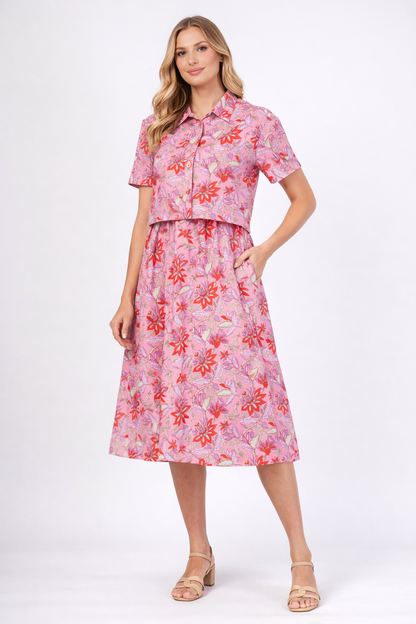 Vintage Rose Pink Floral Printed Long Cotton Dress Set