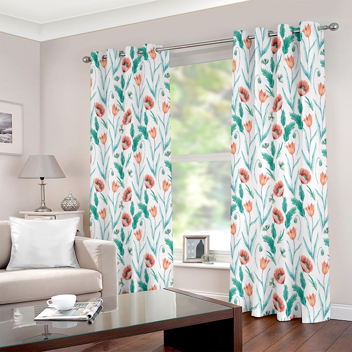 Red Green Rose Floral Printed Eyelet Curtain - Adore India   