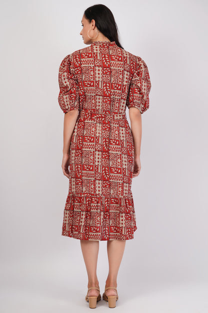 Rust Riwaayat Long Cotton Traditional Hand Block Printed Tiered Dress