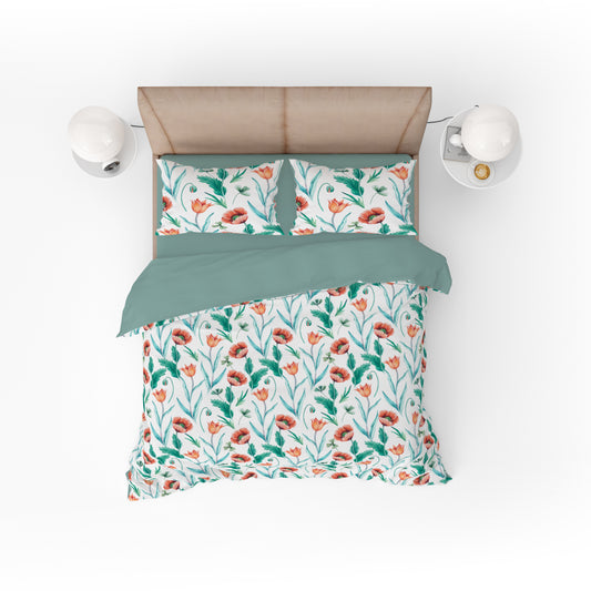 Rose Floral Quilt Cover Set - Serene Blooms on White with Teal and Green Accents King Size - Adore India   
