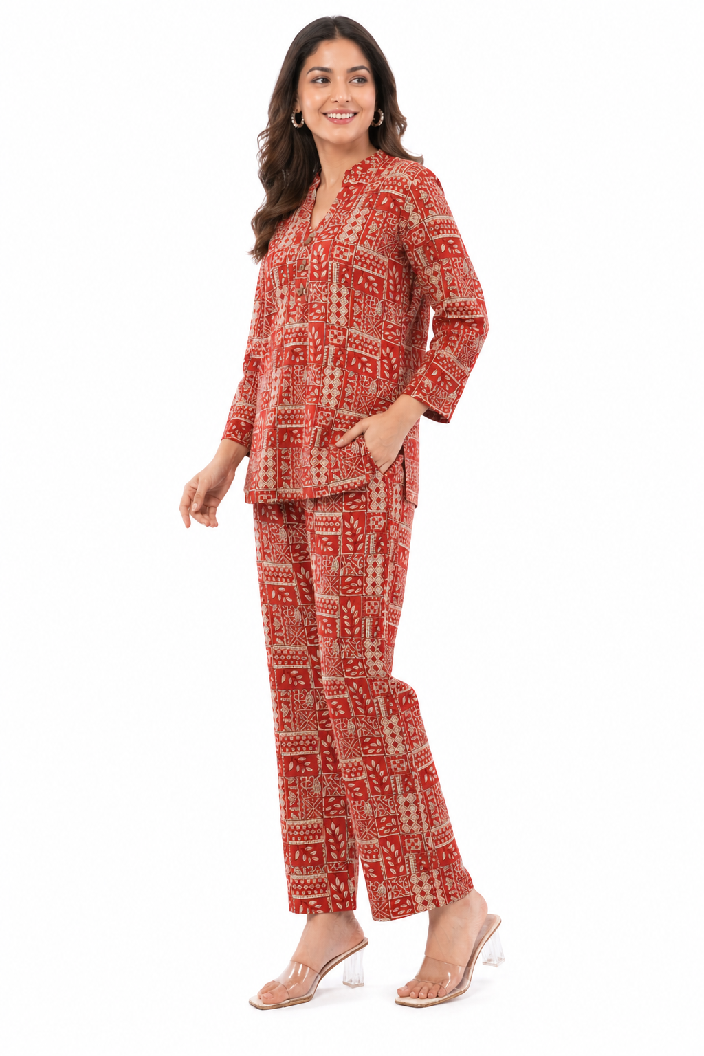 Antique Rust Floral Printed Women 2 Piece Cotton Co-Ord Set