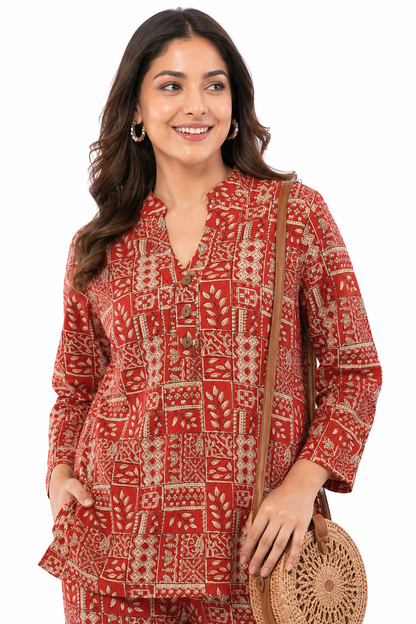 Antique Rust Floral Printed Women 2 Piece Cotton Co-Ord Set
