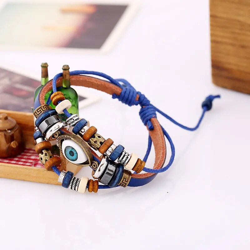 Boho Gypsy Style Multi Colour Leather Unisex Adjustable Rope Eye Bracelet - 2Pcs - Adore India   