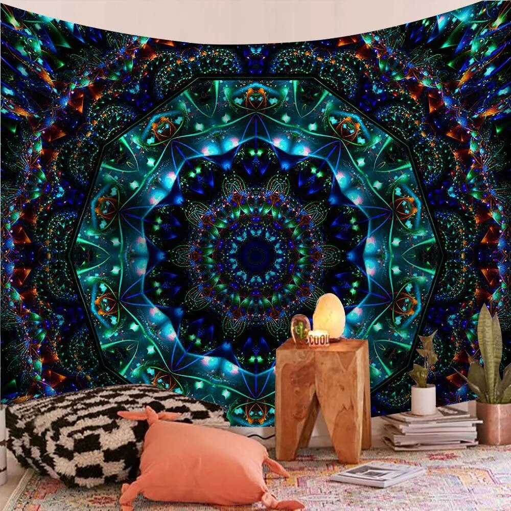 Universe Teal Indian Mandala Tapestry Psychedelic Wall Hanging Boho Decor - Adore India   
