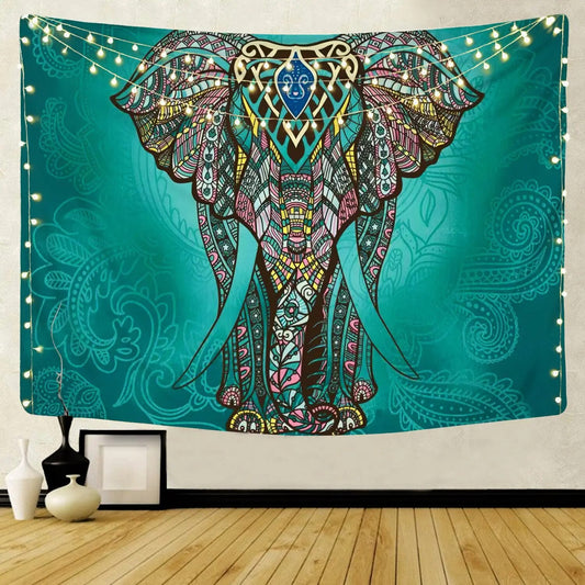 Indian Mandala Tapestry Psychedelic Elephant Turquoise Wall Hanging Boho Decor - Adore India   