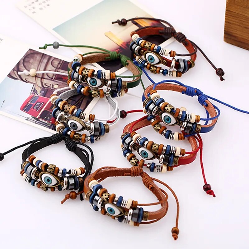 Boho Gypsy Style Multi Colour Leather Unisex Adjustable Rope Eye Bracelet - 2Pcs - Adore India   