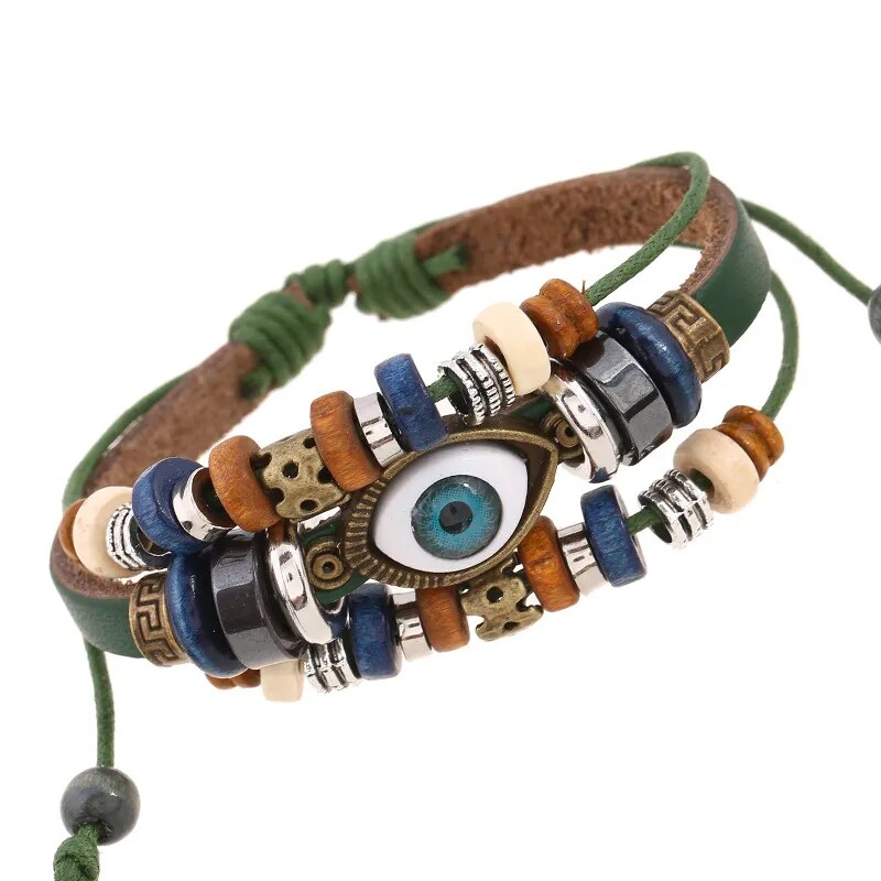 Boho Gypsy Style Multi Colour Leather Unisex Adjustable Rope Eye Bracelet - 2Pcs - Adore India   
