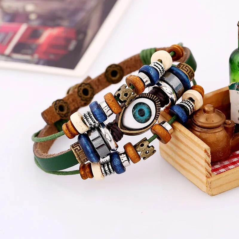 Boho Gypsy Style Multi Colour Leather Unisex Adjustable Rope Eye Bracelet - 2Pcs - Adore India   