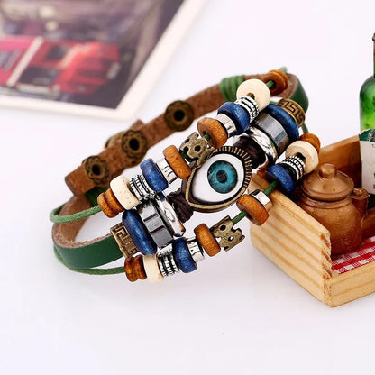 Boho Gypsy Style Multi Colour Leather Unisex Adjustable Rope Eye Bracelet - 2Pcs - Adore India   