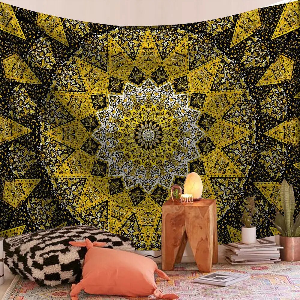 Indian Mandala Tapestry Star Mustard Psychedelic Wall Hanging Boho Decor - Adore India   