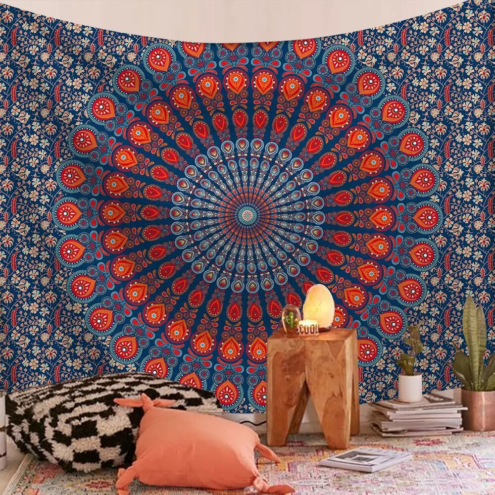 Indian Mandala Tapestry Psychedelic Harmony Red  Wall Hanging Boho Decor - Adore India   