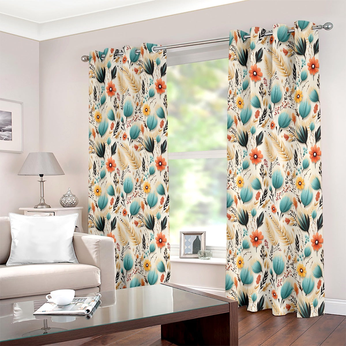 Teal Bohemian Leaf Petal Colourful Printed Curtain Set - Adore India   