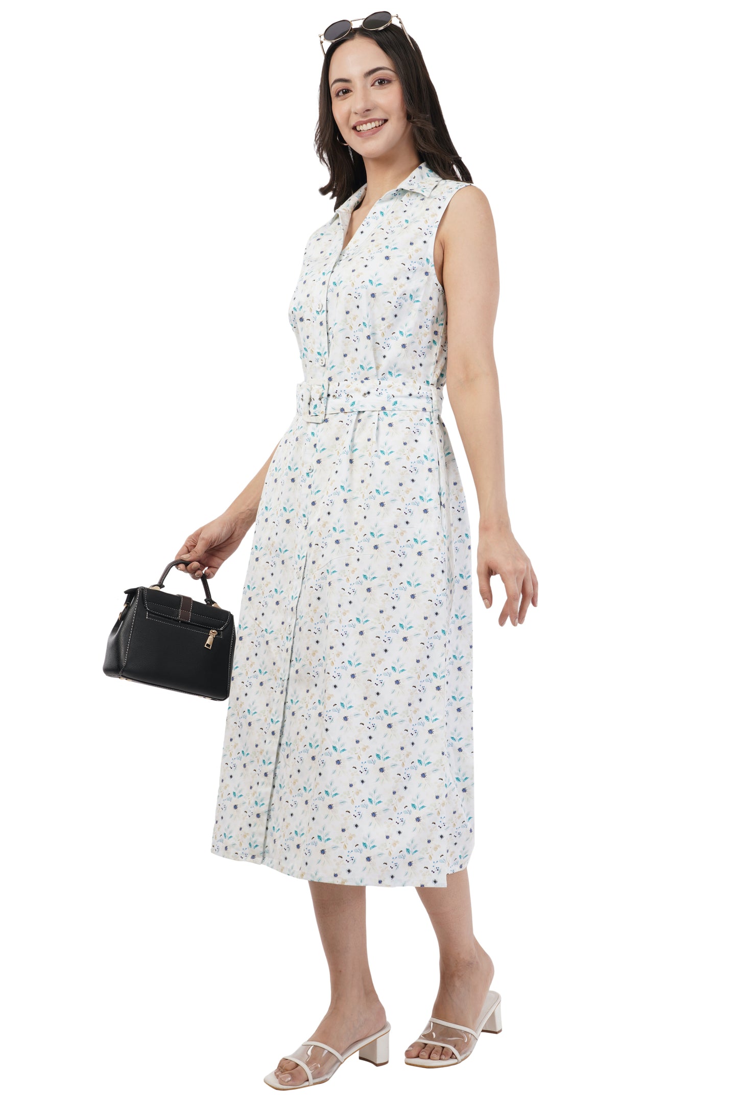 Thelma Sleeveless Belted Midi Dress with Soft Blue Botanical Print