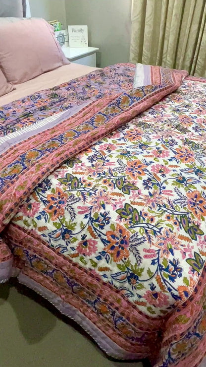 Pink Lilac Floral Cotton Padded Kantha Bedspread Quilt Comforter