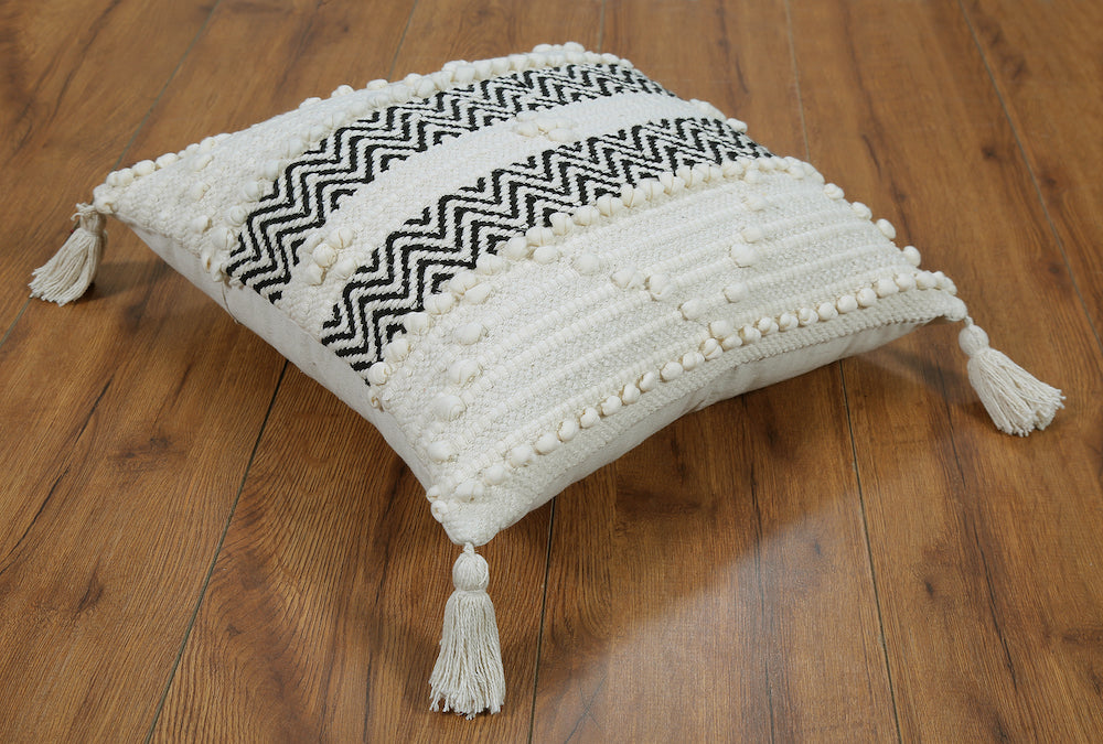 Handmade Tufted Boho Cushion with Tassels  Black and White Zigzag Design