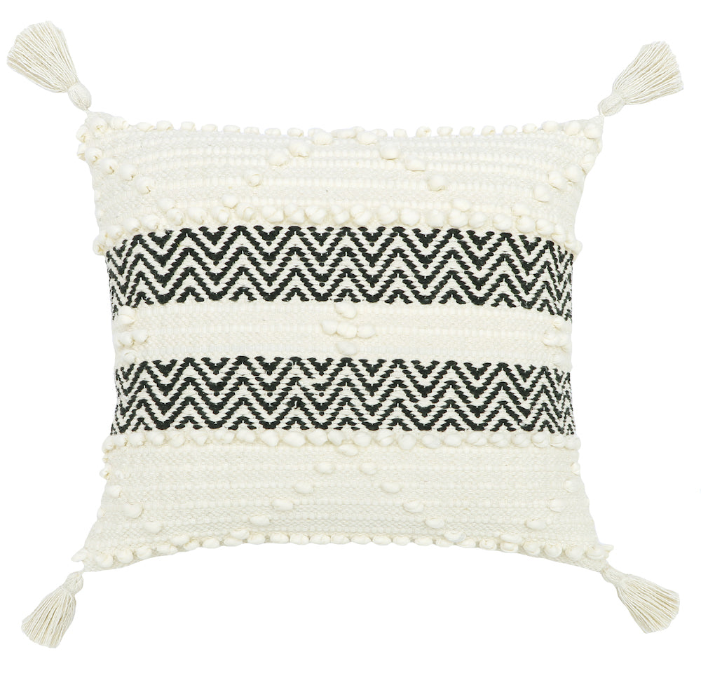 Handmade Tufted Boho Cushion with Tassels  Black and White Zigzag Design