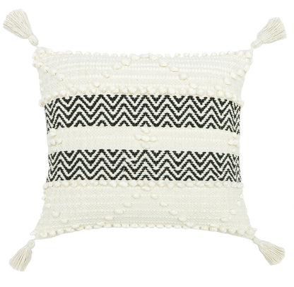 Handmade Tufted Boho Cushion with Tassels  Black and White Zigzag Design