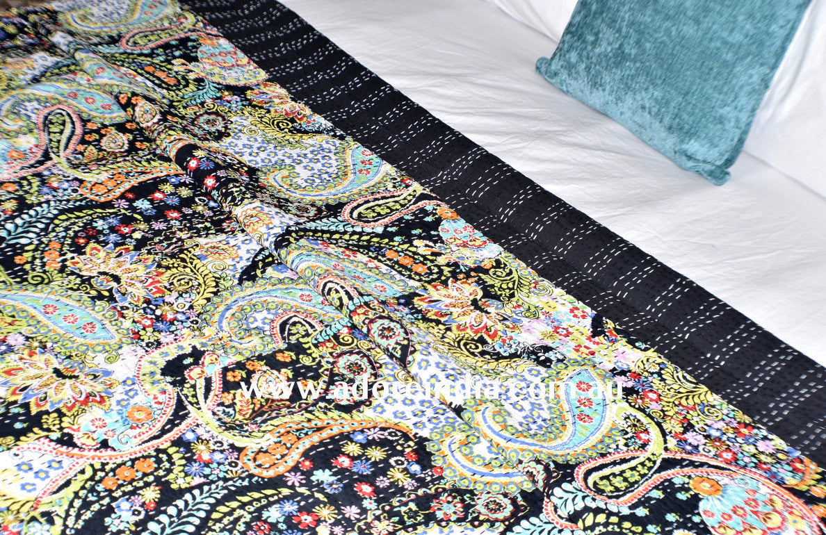 Handmade Black Paisley Print Cotton Reversible Kantha Quilt Bedspread Throw - Adore India   