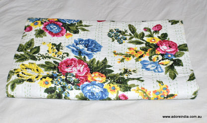 Indian Handmade Reversible Tropical White Kantha Quilt Bedspread - Adore India   