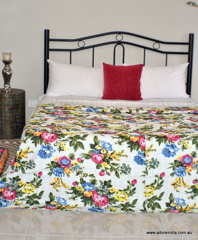Indian Handmade Reversible Tropical White Kantha Quilt Bedspread - Adore India   