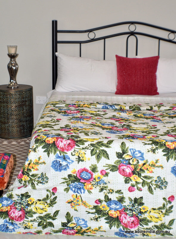 Indian Handmade Reversible Tropical White Kantha Quilt Bedspread - Adore India   