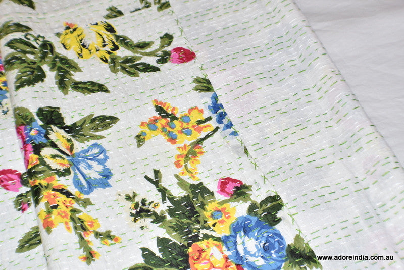 Indian Handmade Reversible Tropical White Kantha Quilt Bedspread - Adore India   