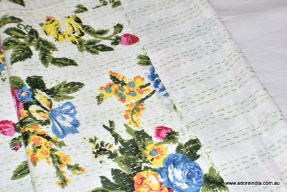 Indian Handmade Reversible Tropical White Kantha Quilt Bedspread - Adore India   