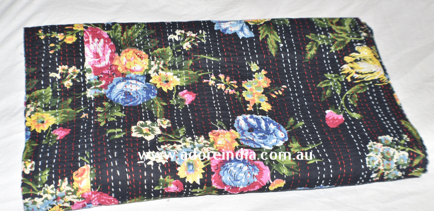 Tropical Black Kantha Quilt - Adore India   