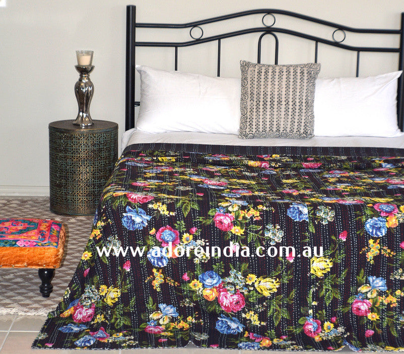 Tropical Black Kantha Quilt - Adore India   