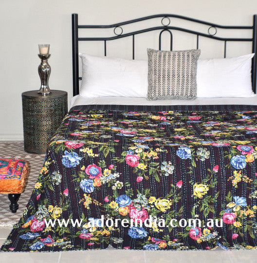 Tropical Black Kantha Quilt - Adore India   
